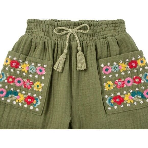 Peek Embroidered Gauze Jogger Pants Girls 12 Olive Multi Elastic Waist Pull On - Picture 3 of 11